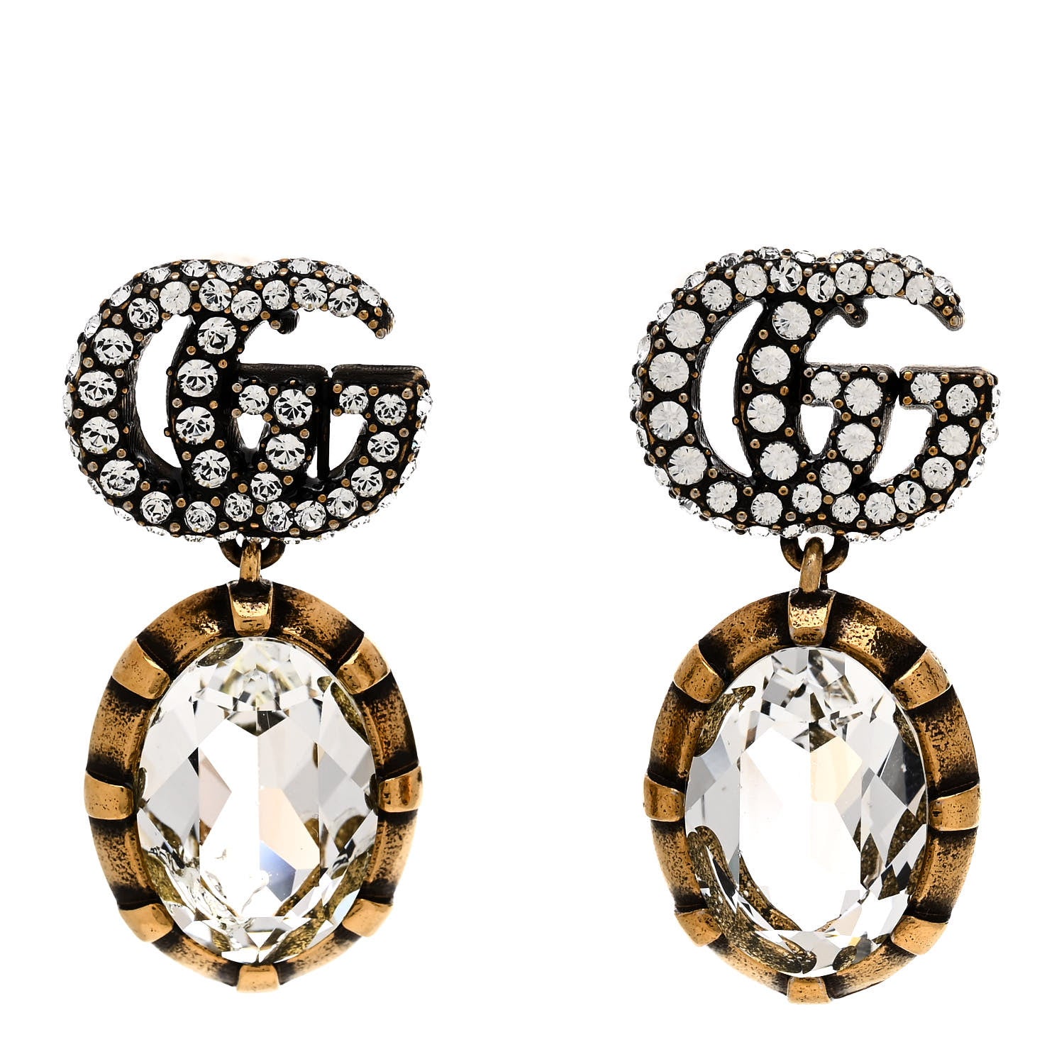 Gucci Metal Crystal Double G Drop Earrings Aged Gold 1 of 5
