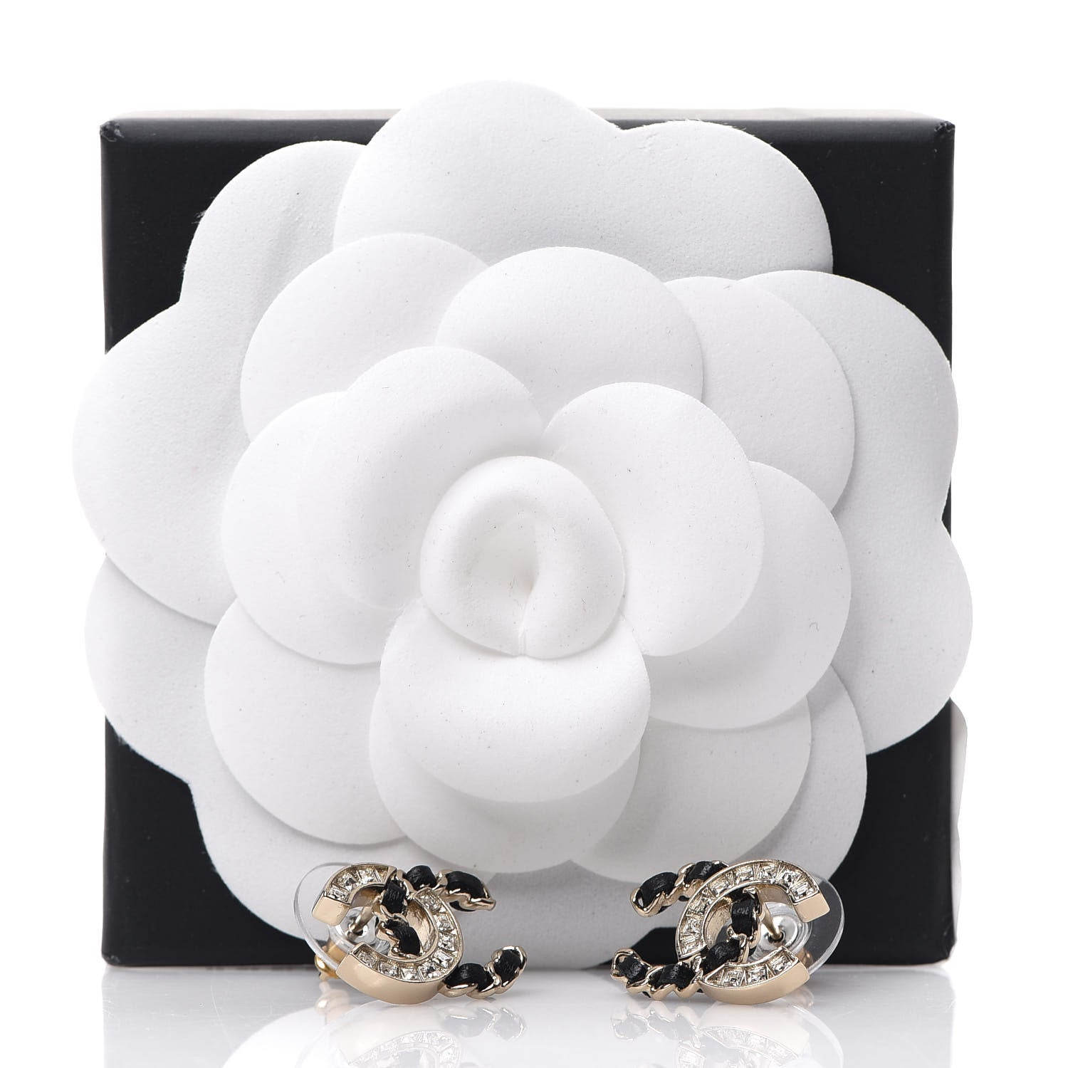 Chanel Crystal Baguette Lambskin Chain CC Vintage Allure Stud Earrings Black Gold 5 of 5
