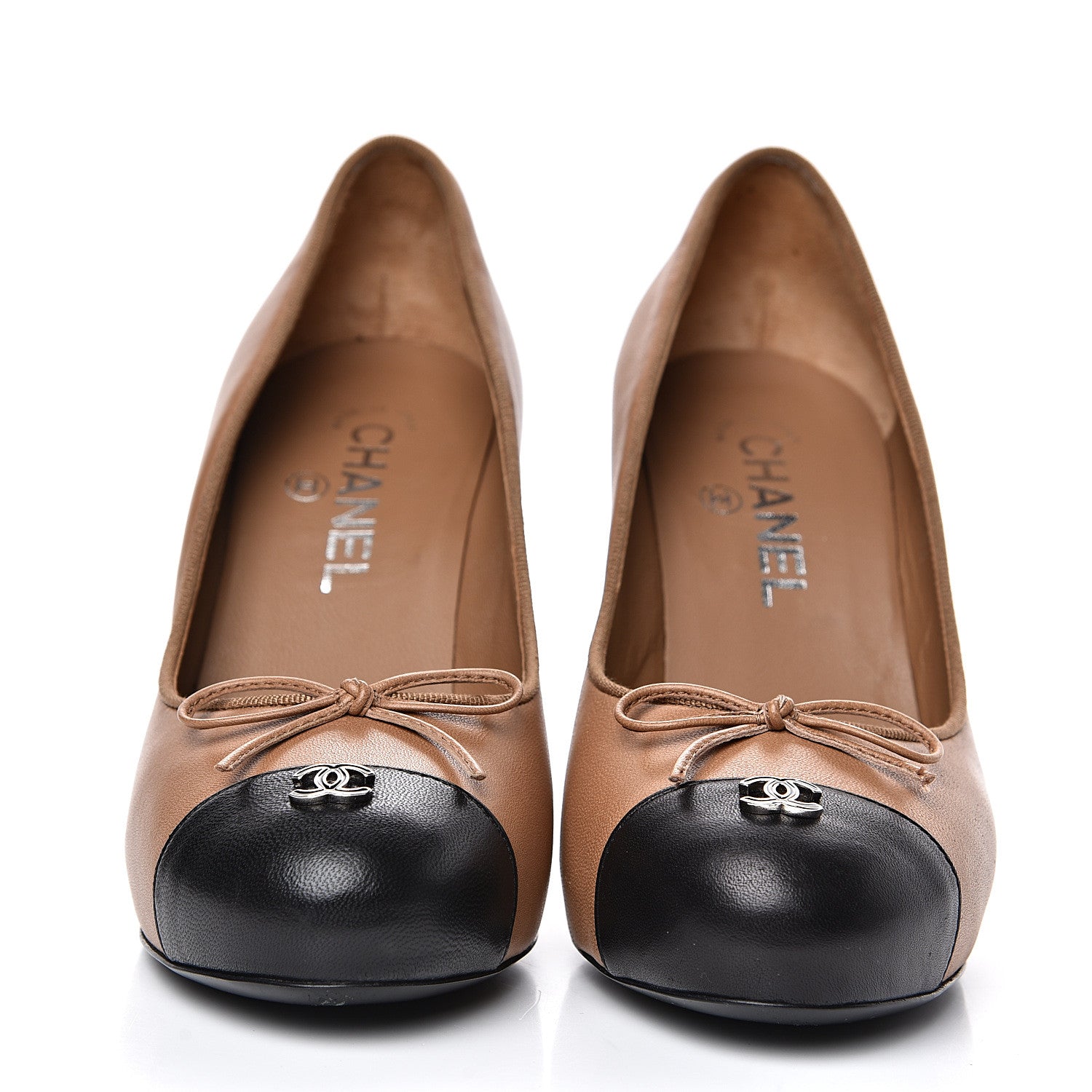Chanel Lambskin Bow Cap Toe CC Pumps 37.5 Beige Black 2 of 11
