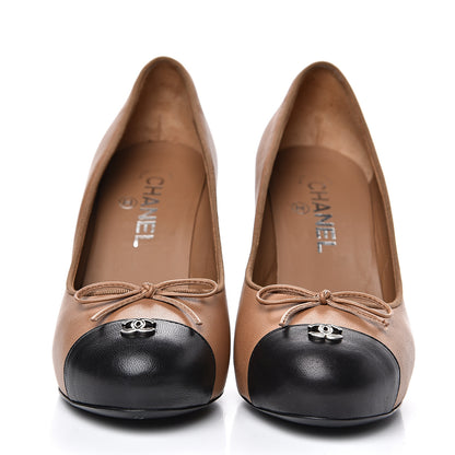 Chanel Lambskin Bow Cap Toe CC Pumps 37.5 Beige Black 2 of 11