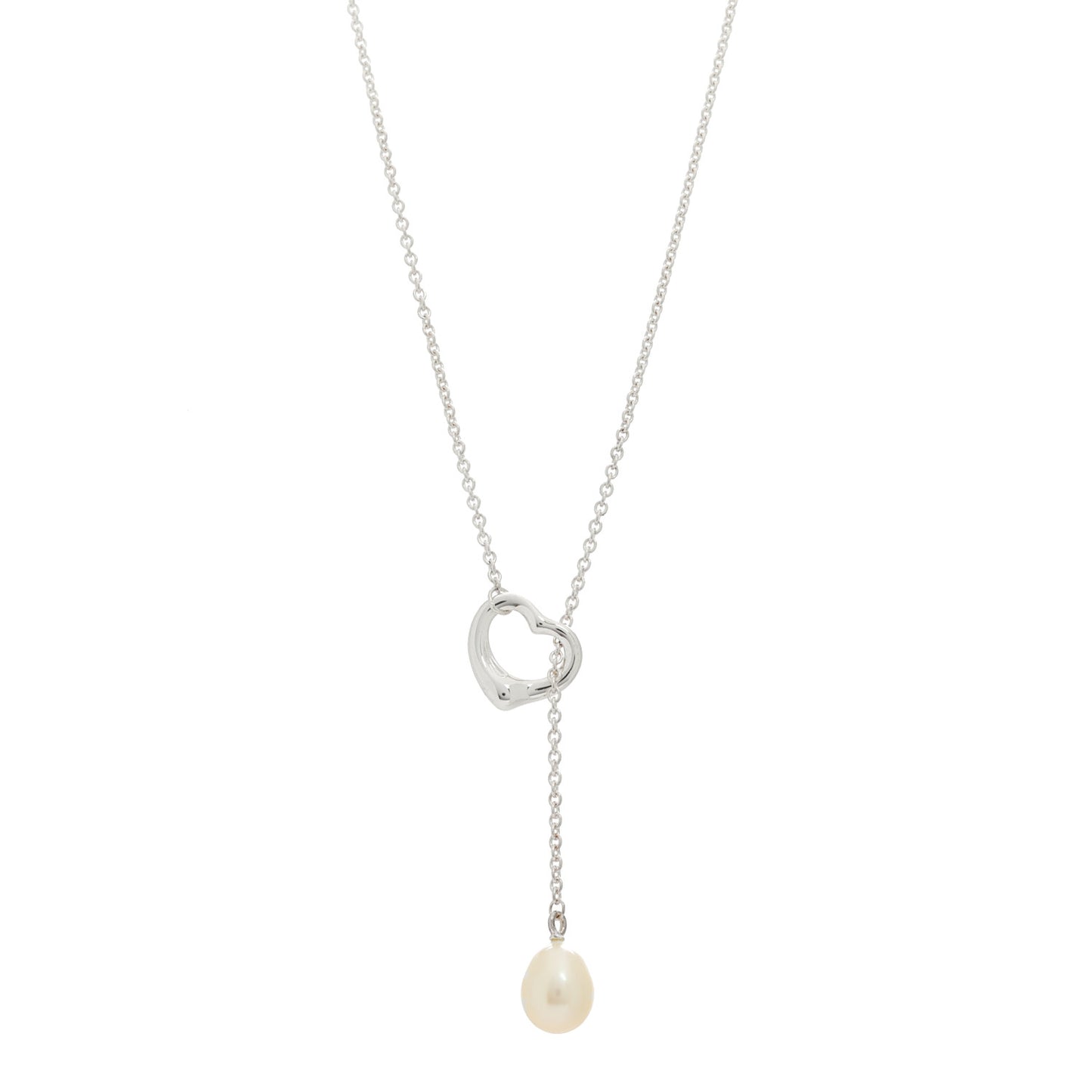 Sterling Silver Cultured Pearl 9.5-11.5mm Elsa Peretti Open Heart Lariat Necklace