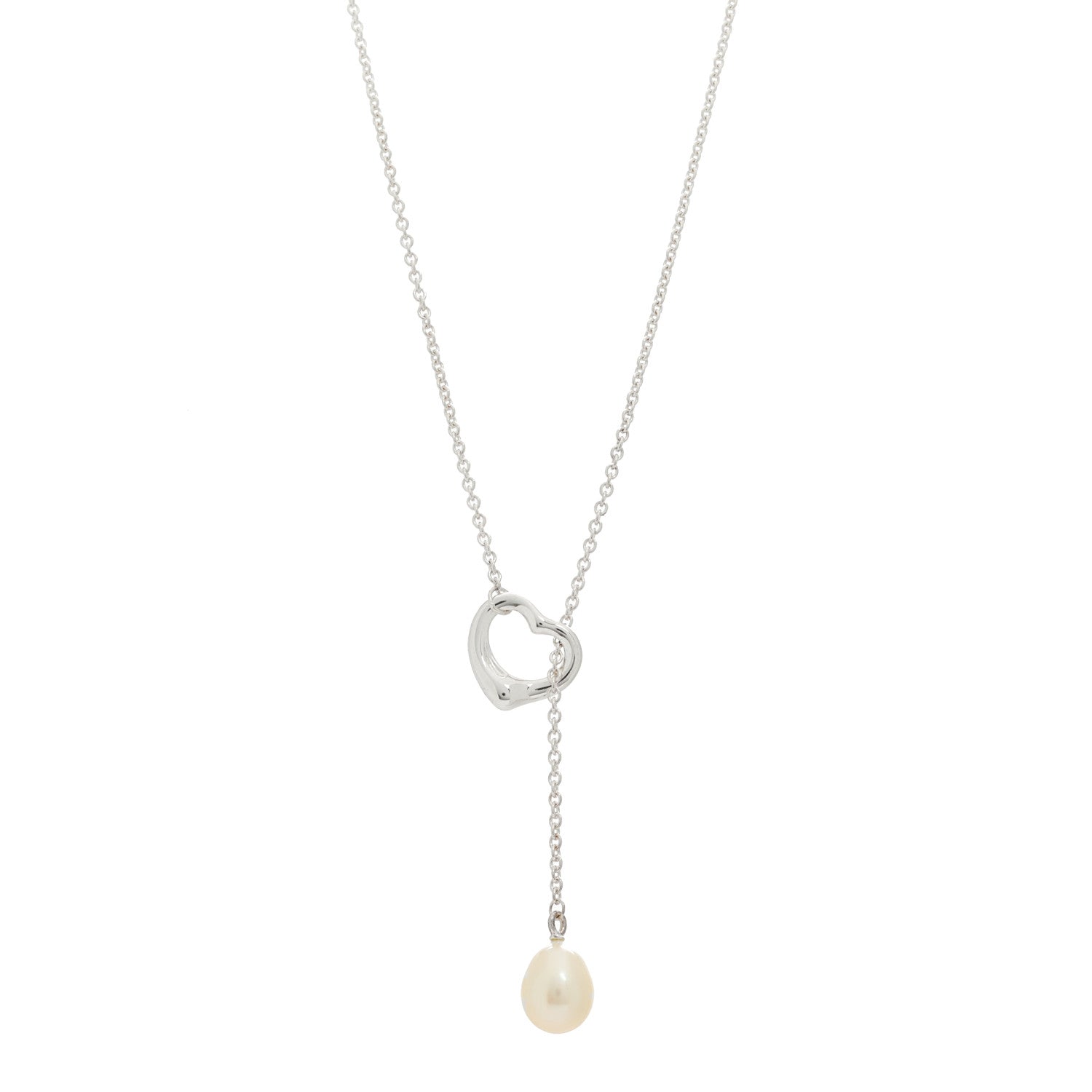Tiffany Sterling Silver Cultured Pearl 9.5-11.5mm Elsa Peretti Open Heart Lariat Necklace 1 of 5