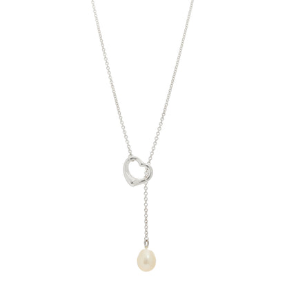 Tiffany Sterling Silver Cultured Pearl 9.5-11.5mm Elsa Peretti Open Heart Lariat Necklace 1 of 5