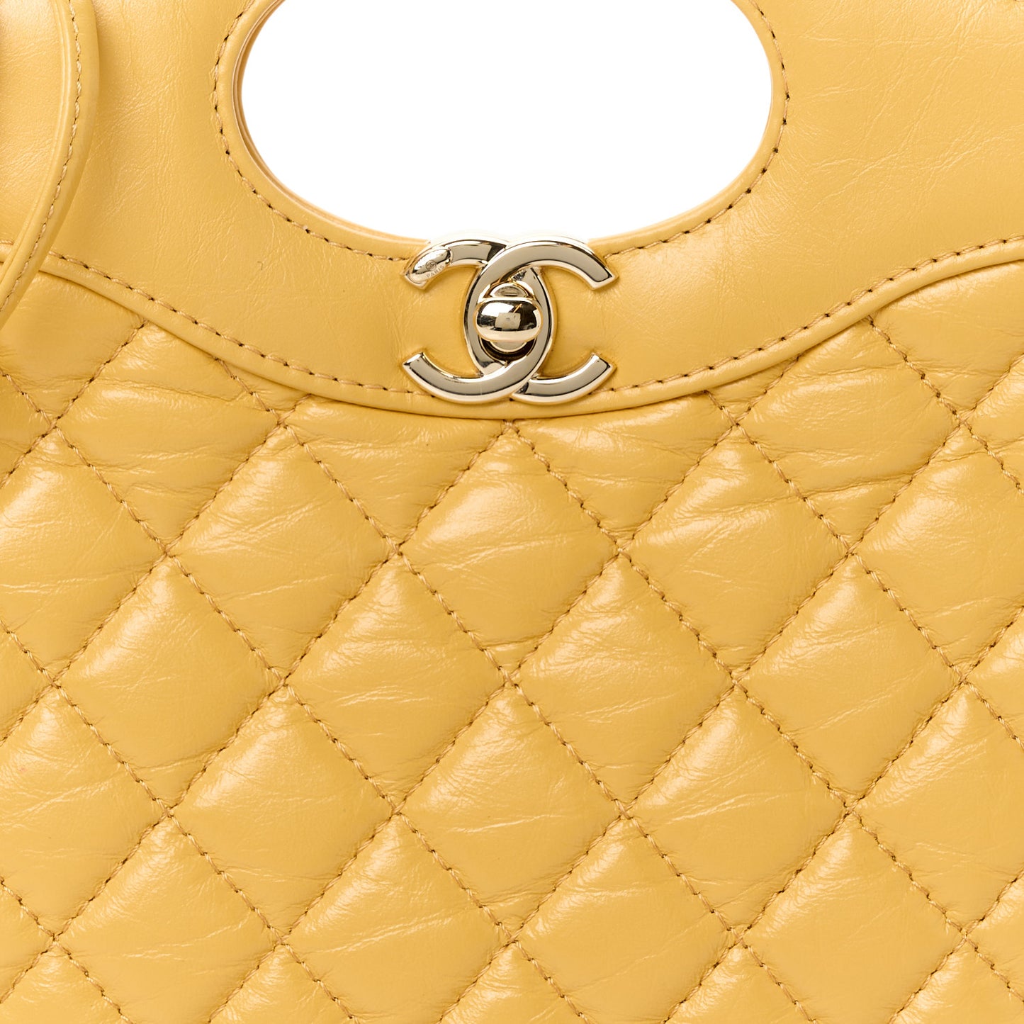 Shiny Crumpled Calfskin Quilted Mini 31 Shopping Bag Yellow
