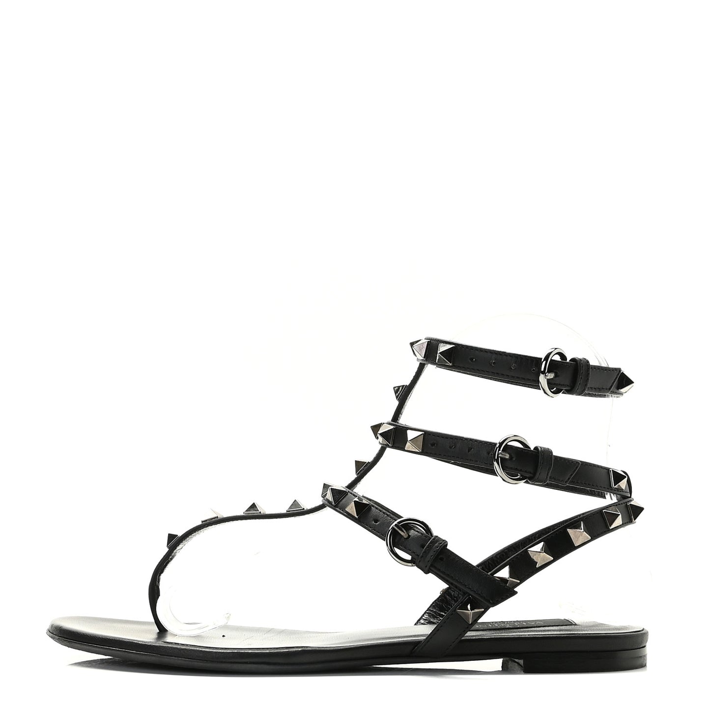 Nappa Rockstud Ankle Strap Flat Thong Sandals 37.5 Black