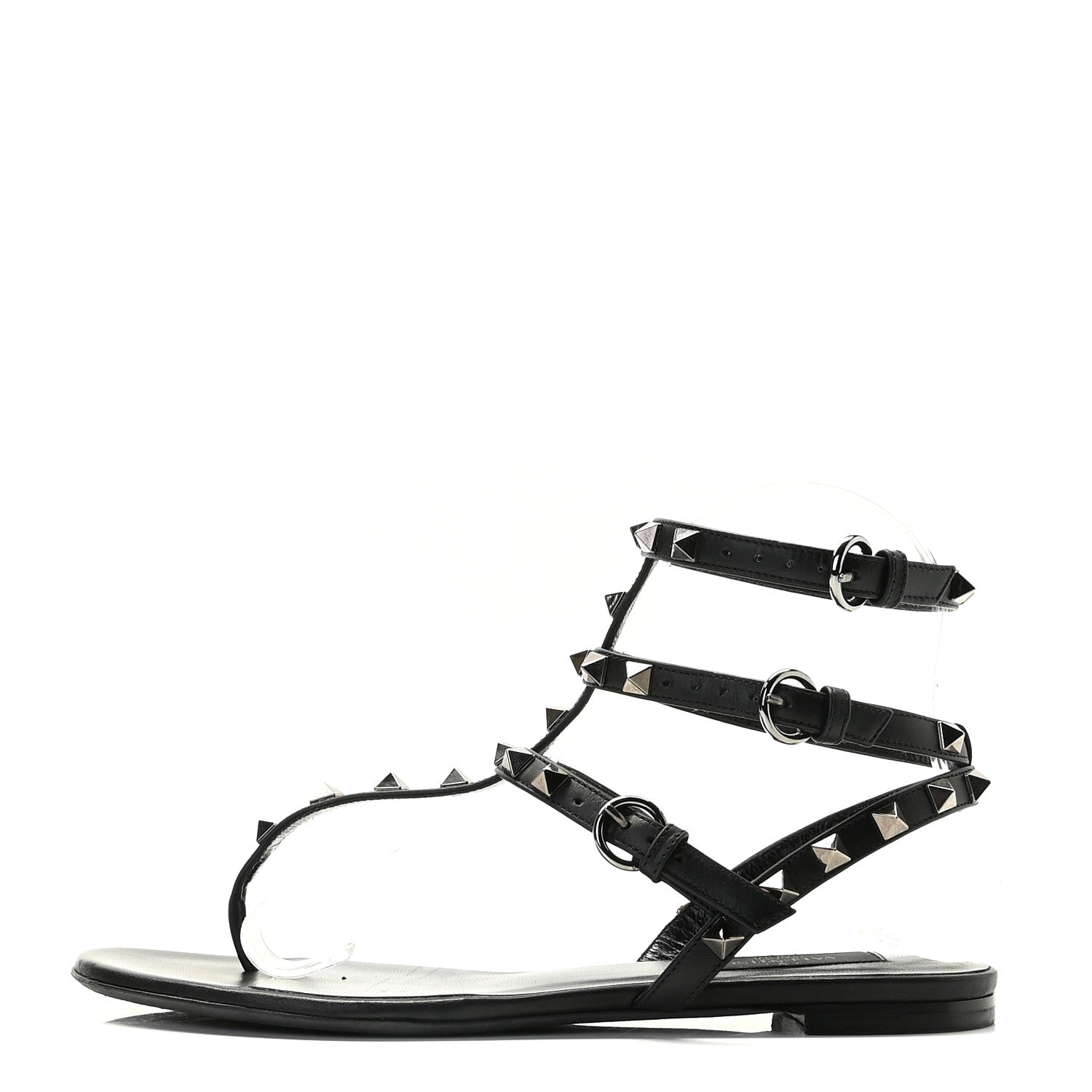 Valentino Garavani Nappa Rockstud Ankle Strap Flat Thong Sandals 37.5 Black 1 of 13
