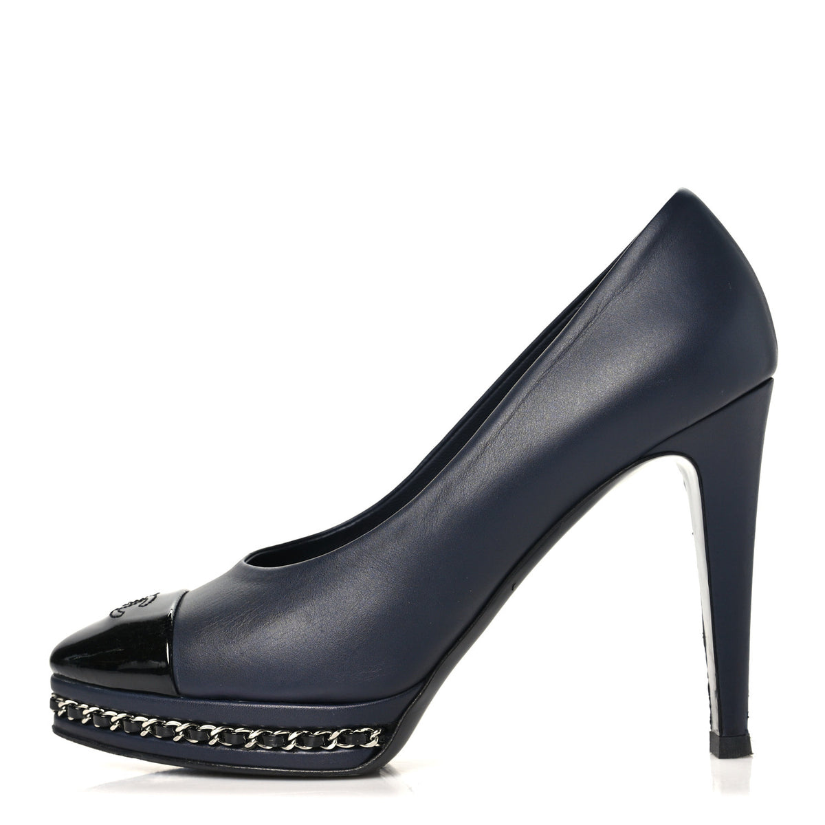 Calfskin Patent CC Cap Toe Platform Chain Pumps 38.5 Navy Black