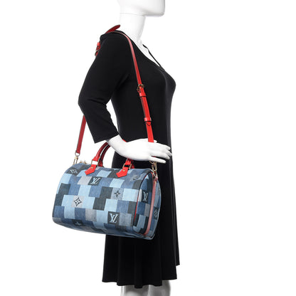 Louis Vuitton Denim Damier Monogram Patchwork Speedy Bandouliere 30 Blue Rouge 2 of 11