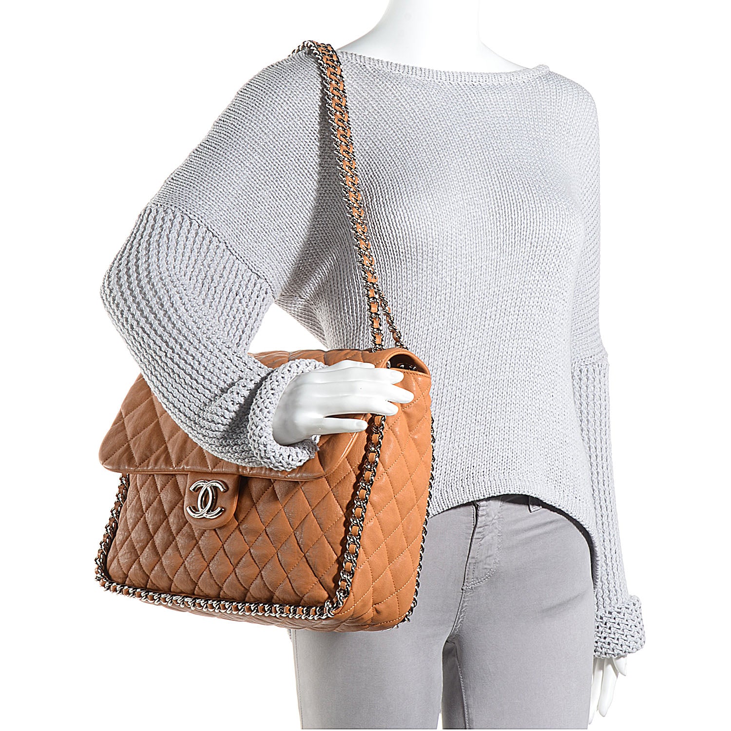 Chanel Washed Lambskin Chain Around Maxi Flap Bag Dark Beige 2 of 7