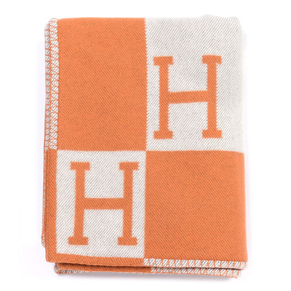 Hermes Wool Cashmere Signature Classic Avalon Blanket Ecru Potiron 1 of 3