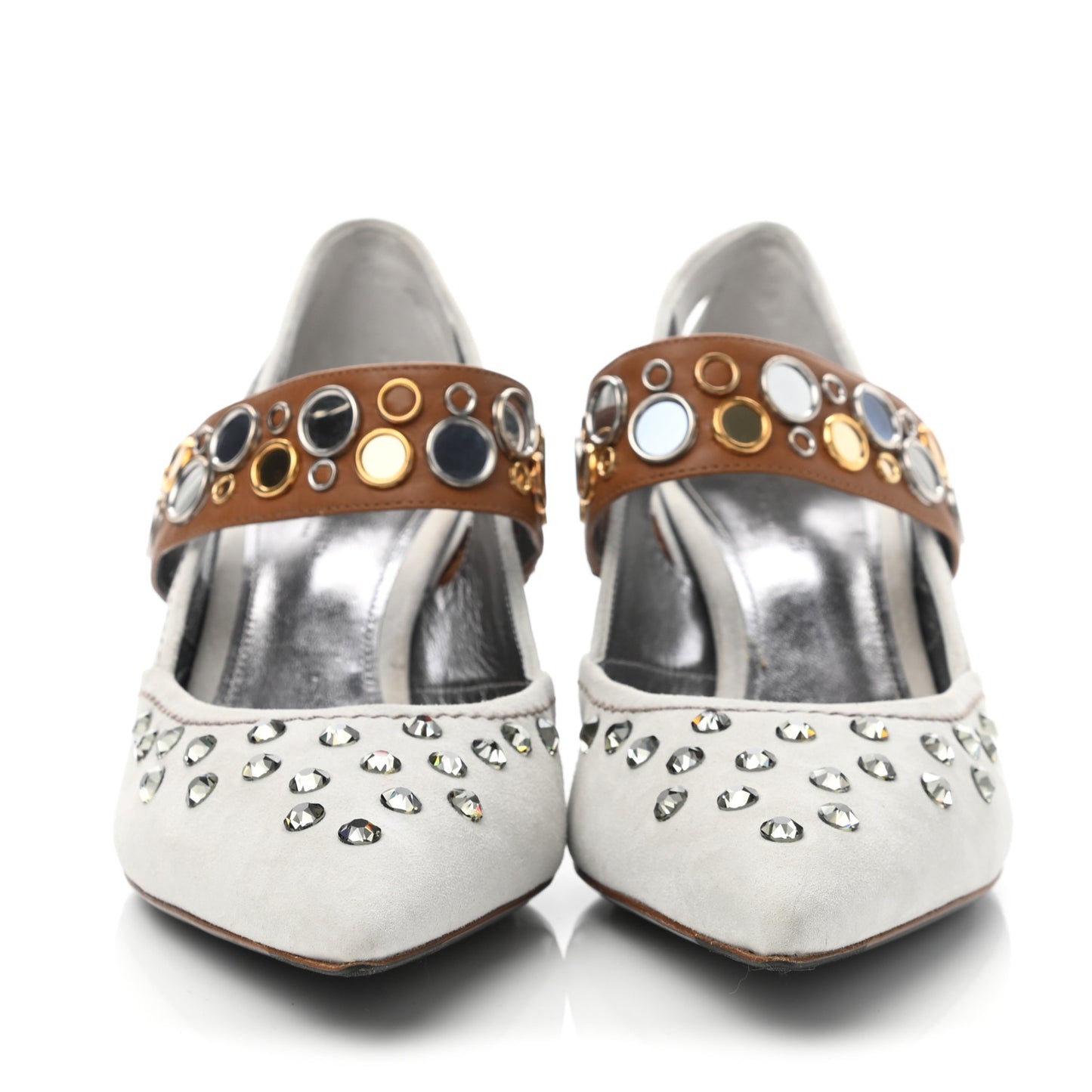 Suede Jeweled Runway Mary Jane Pumps 38.5 Mist Camello