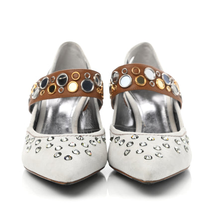 Bottega Veneta Suede Jeweled Runway Mary Jane Pumps 38.5 Mist Camello 2 of 7