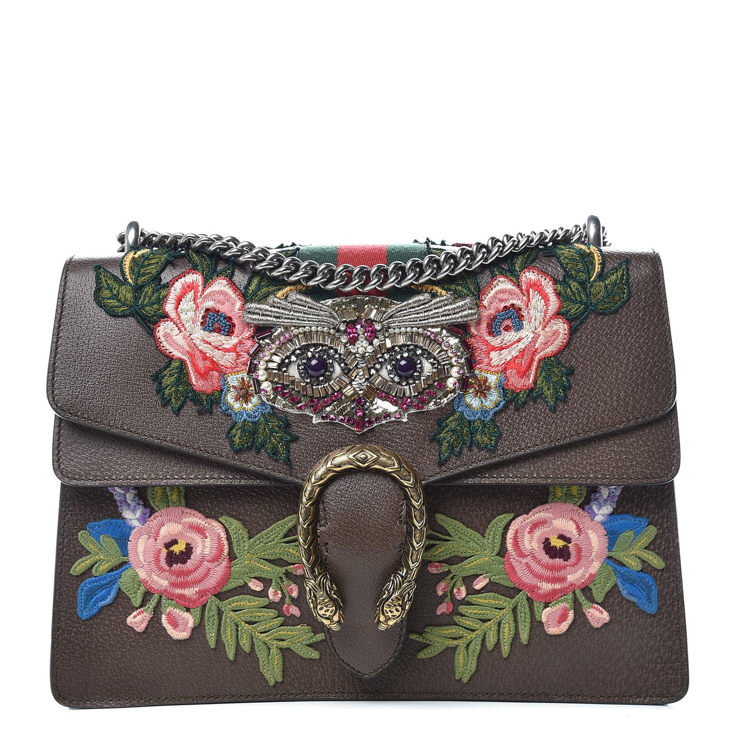 Calfskin Web Owl Embroidered Medium Dionysus Shoulder Bag New Acero Multicolor