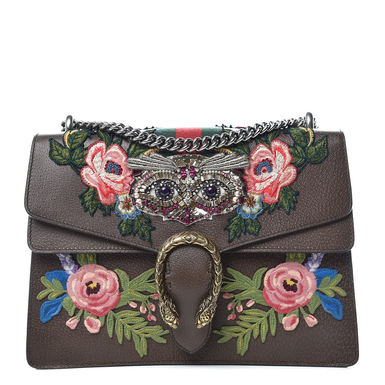 Gucci Calfskin Web Owl Embroidered Medium Dionysus Shoulder Bag New Acero Multicolor 1 of 12
