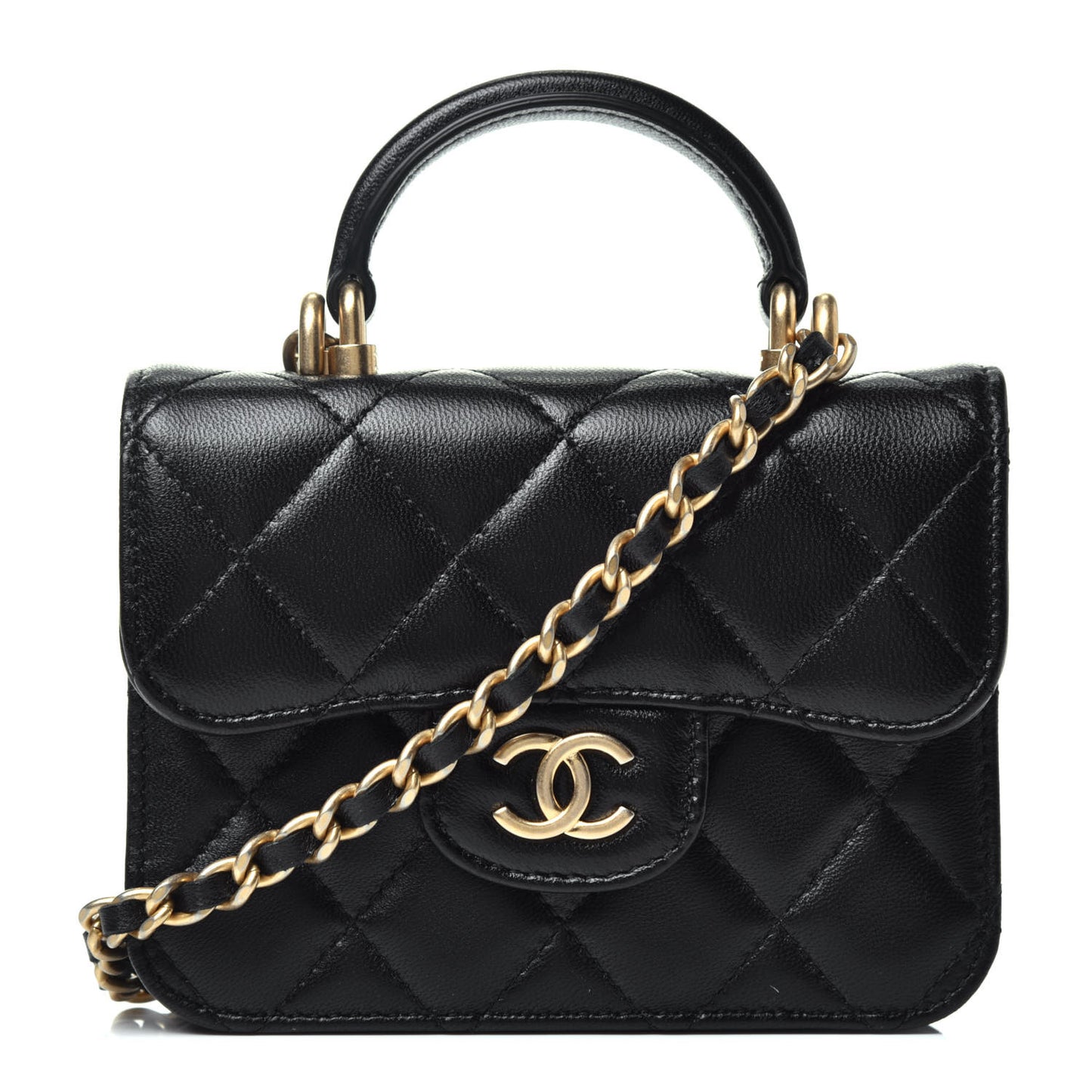Lambskin Quilted Top Handle Flap Coin Purse With Chain Black