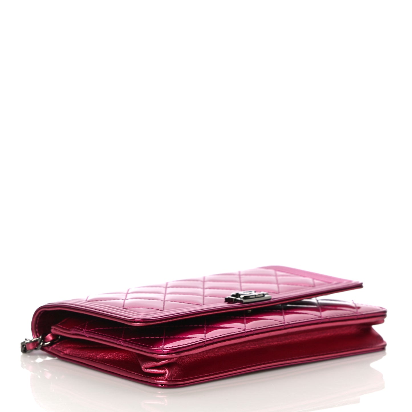 Metallic Patent Calfskin Quilted Boy Wallet On Chain WOC Fuchsia