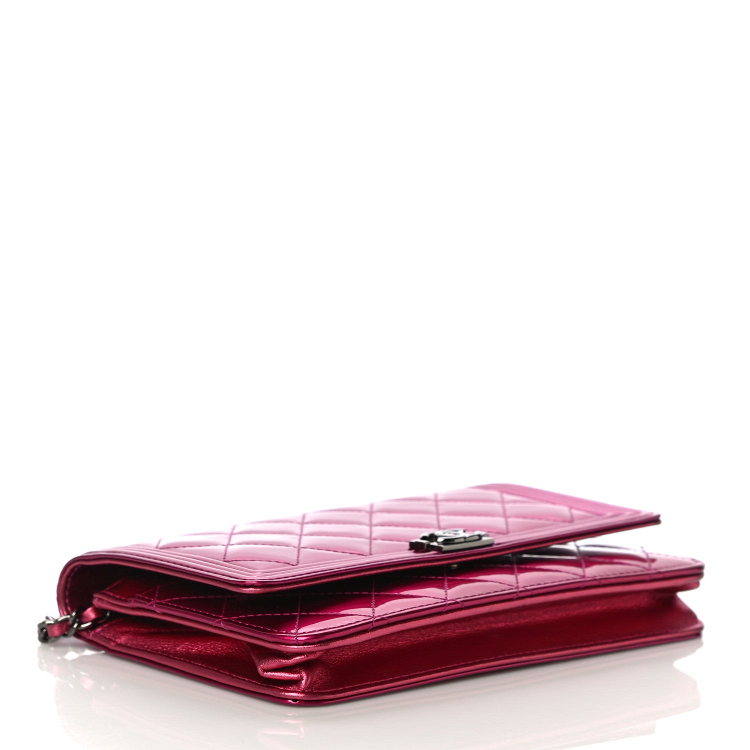 Chanel Metallic Patent Calfskin Quilted Boy Wallet On Chain WOC Fuchsia 4 of 18