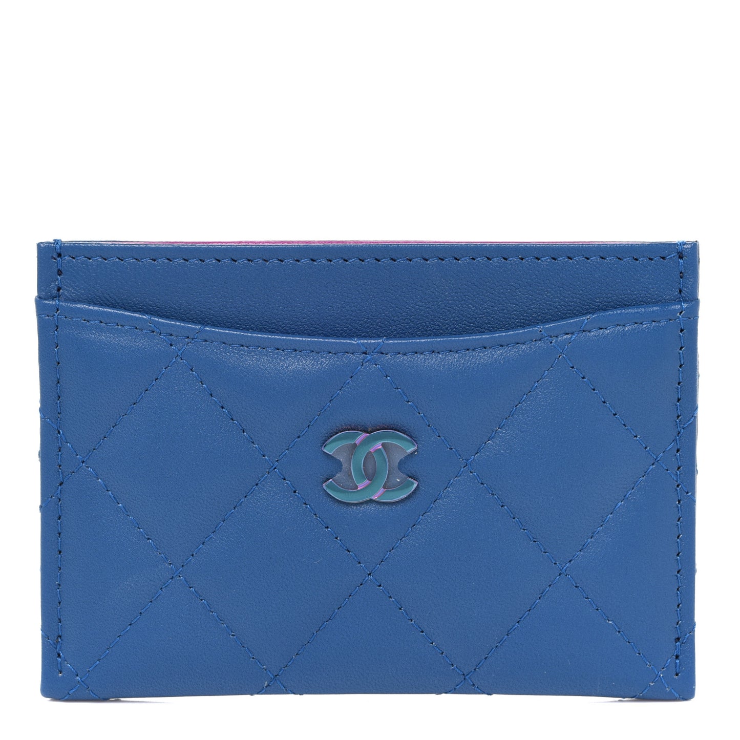 Lambskin Quilted Card Holder Blue Pink