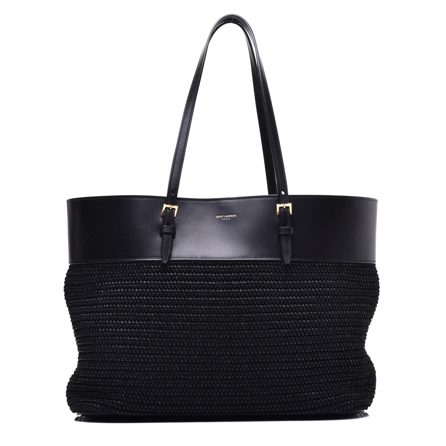 Saint Laurent Calfskin Raffia Medium Shopper Tote Black 1 of 8