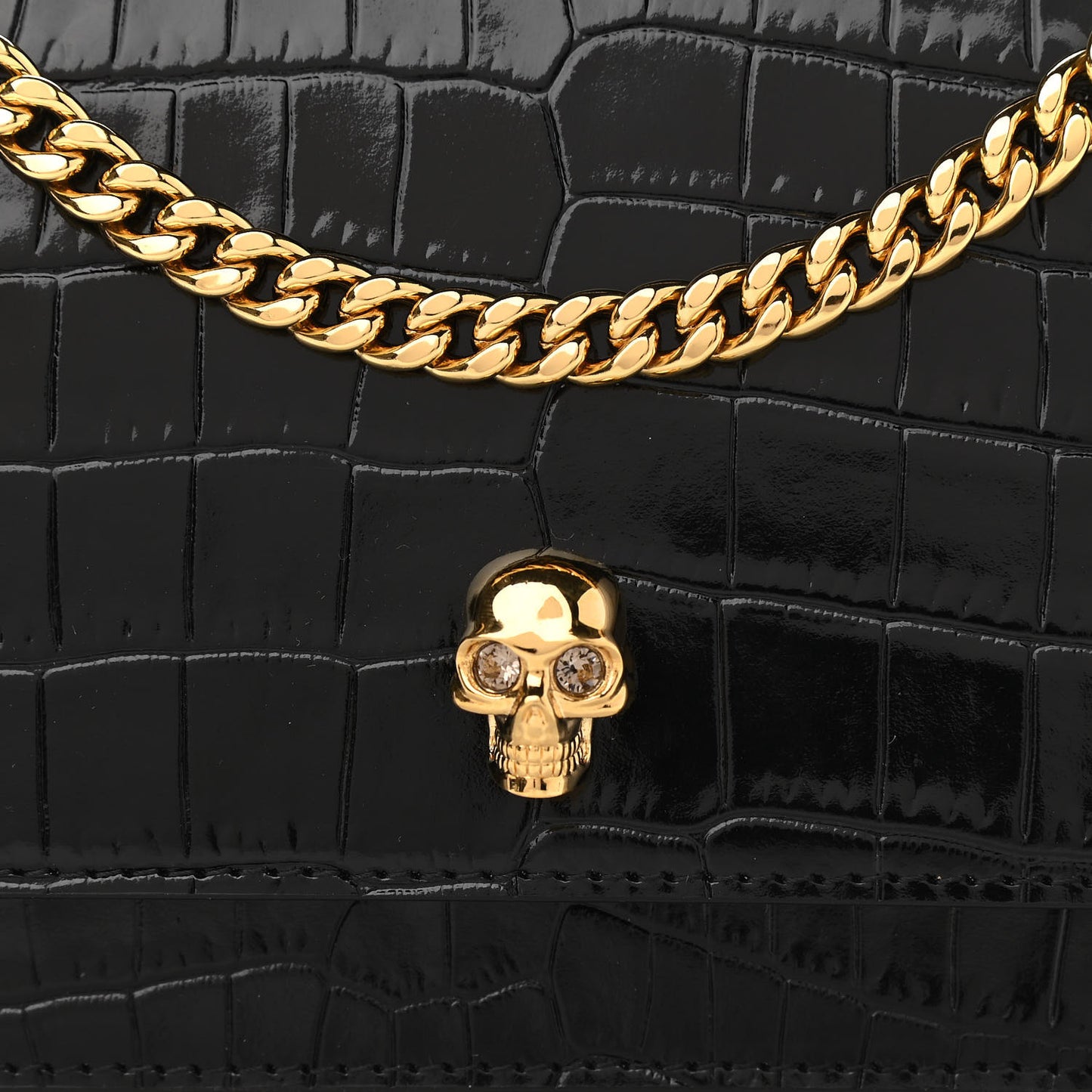 Calfskin Crocodile Embossed Skull Mini Shoulder Bag Black