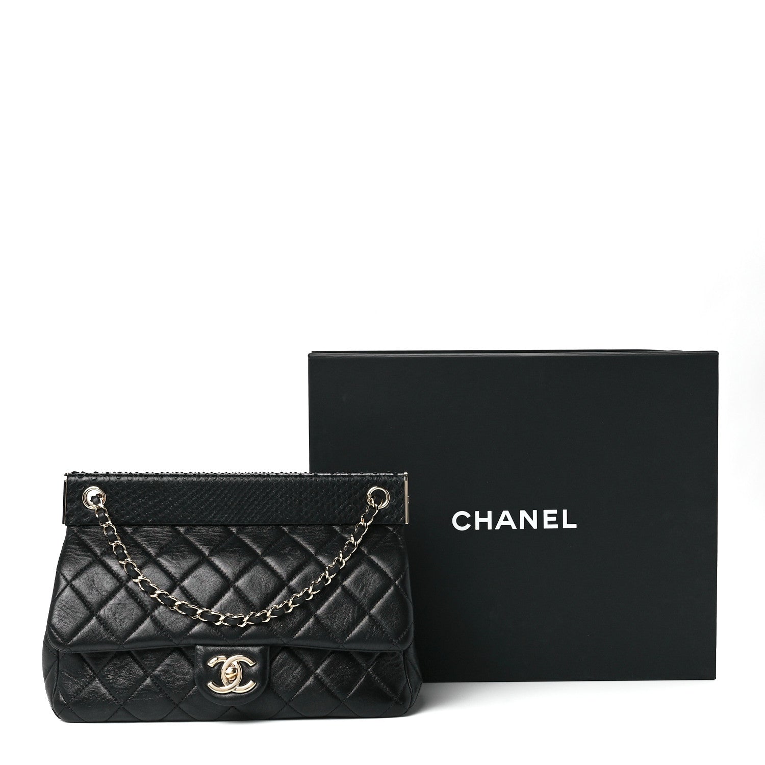 Chanel Lambskin Snakeskin Quilted Frame Flap Black 13 of 13