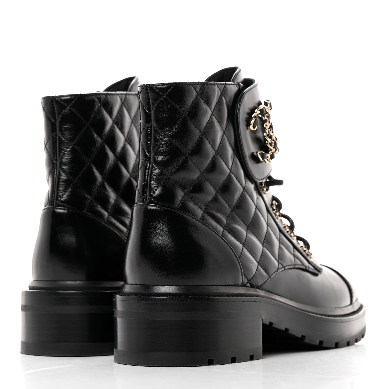 Chanel Shiny Calfskin Quilted Lace Up Combat Boots 37.5 Black 4 of 9