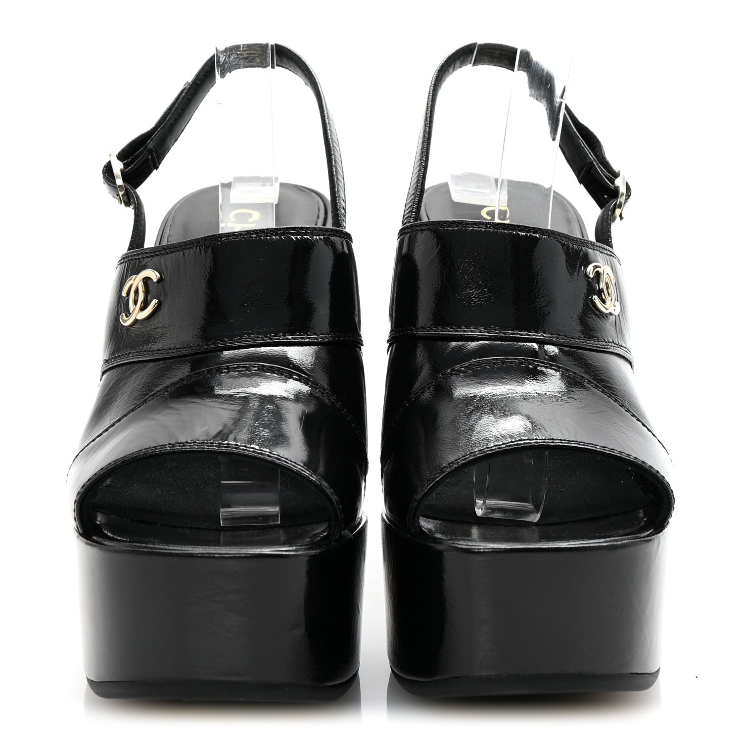 Chanel Crumpled Patent Lambskin Platform Sandals 37.5 Black 3 of 9