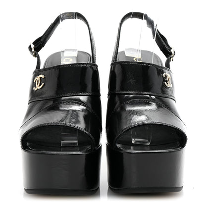 Chanel Crumpled Patent Lambskin Platform Sandals 37.5 Black 3 of 9