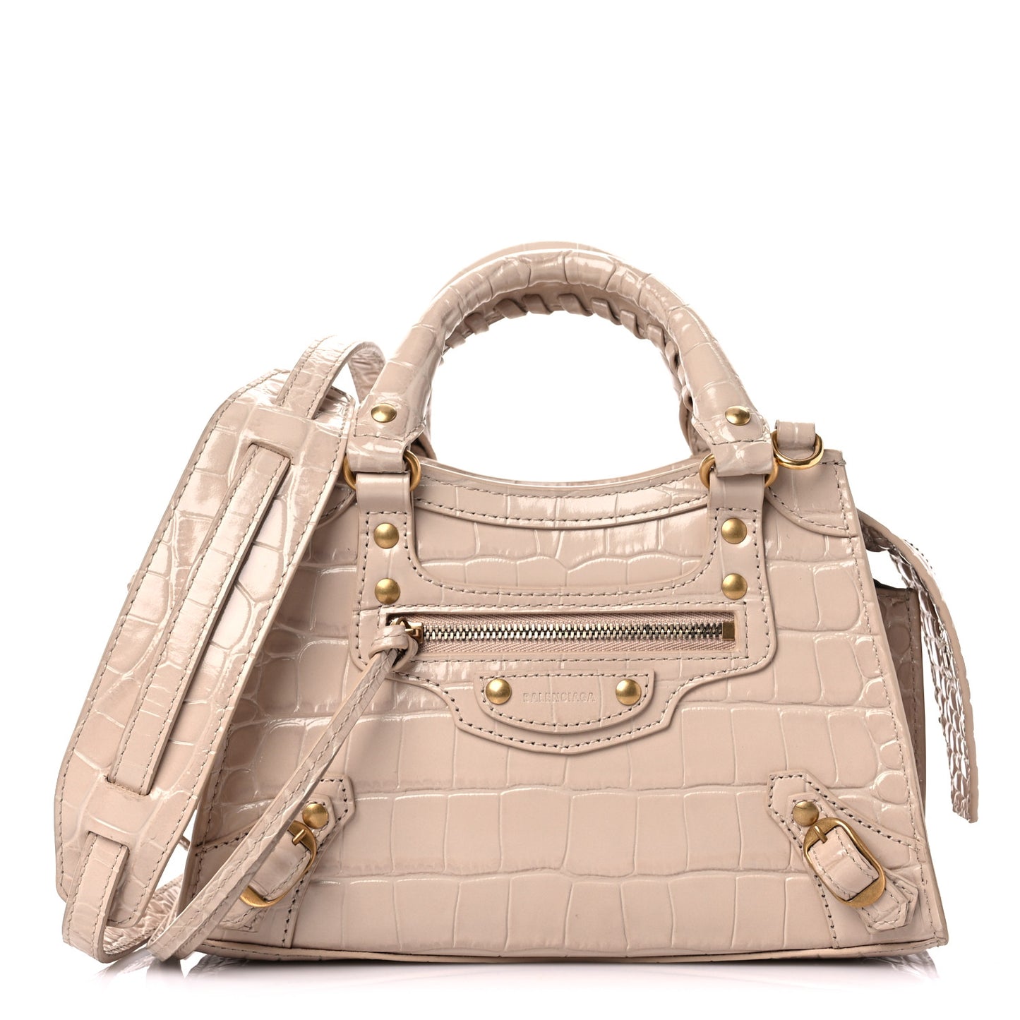 Shiny Supple Calfskin Crocodile Embossed Neo Classic Gold Hardware Mini City Light Beige