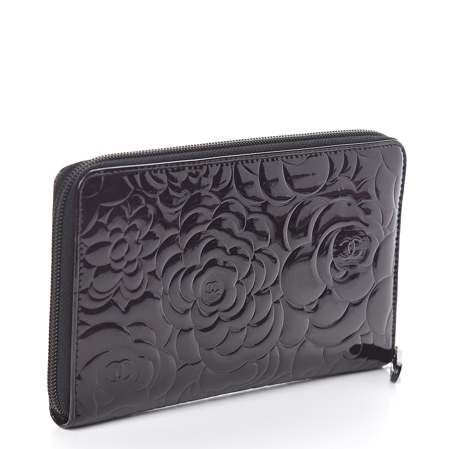 Chanel Patent Camellia Embossed Large Zip Around Gusset Wallet Black 3 of 9