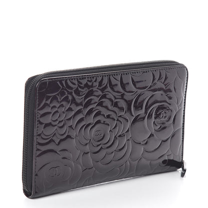 Chanel Patent Camellia Embossed Large Zip Around Gusset Wallet Black 3 of 9
