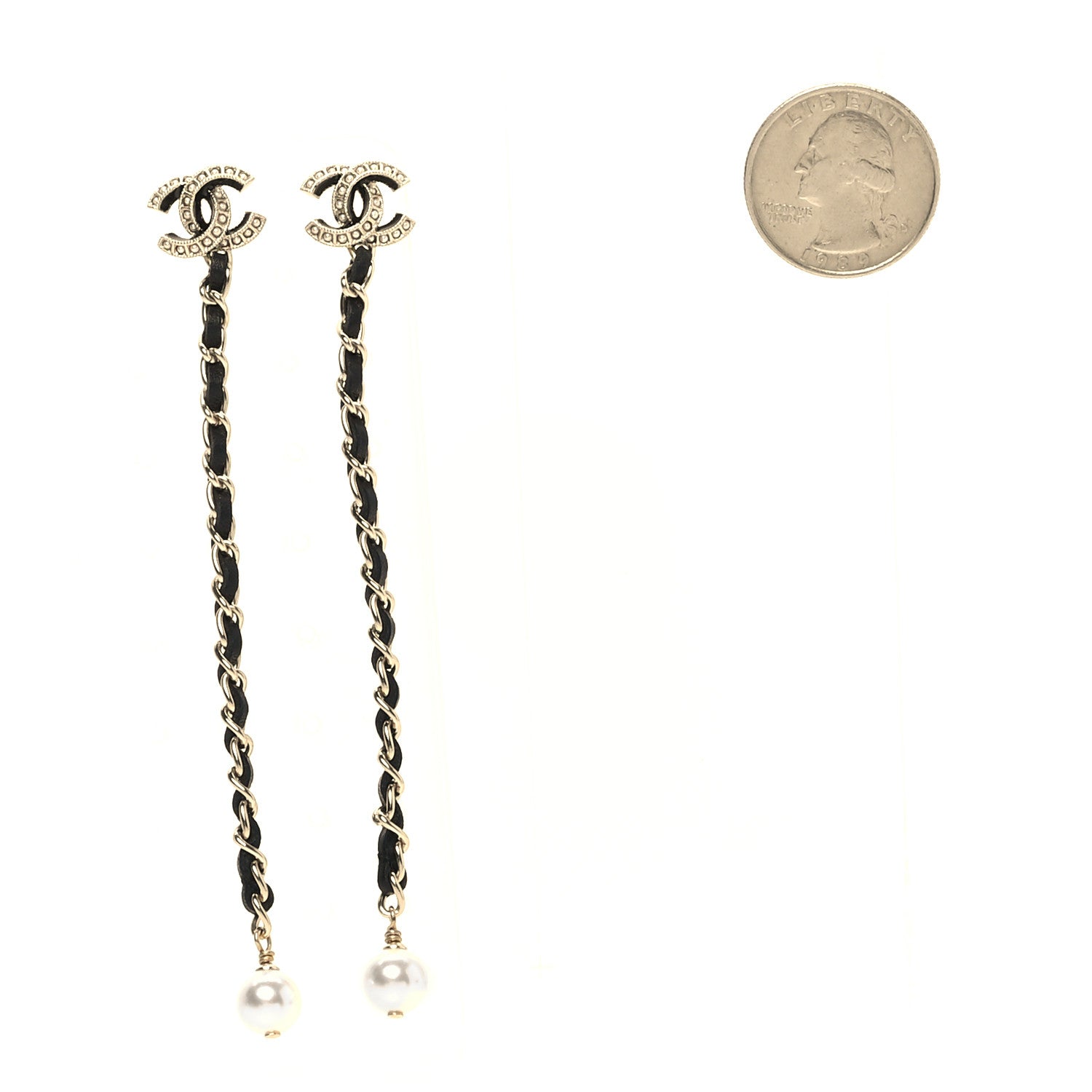 Chanel Lambskin Chain Crystal Pearl CC Drop Earrings Gold 2 of 5