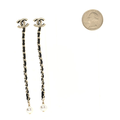 Chanel Lambskin Chain Crystal Pearl CC Drop Earrings Gold 2 of 5