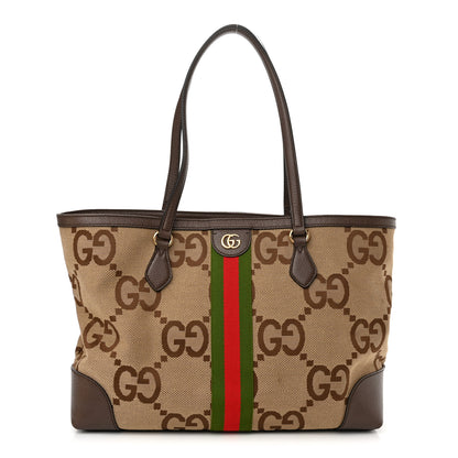 Gucci Monogram Jumbo GG Textured Dollar Calfskin Web Medium Ophidia Shopping Tote Camel Ebony 1 of 11