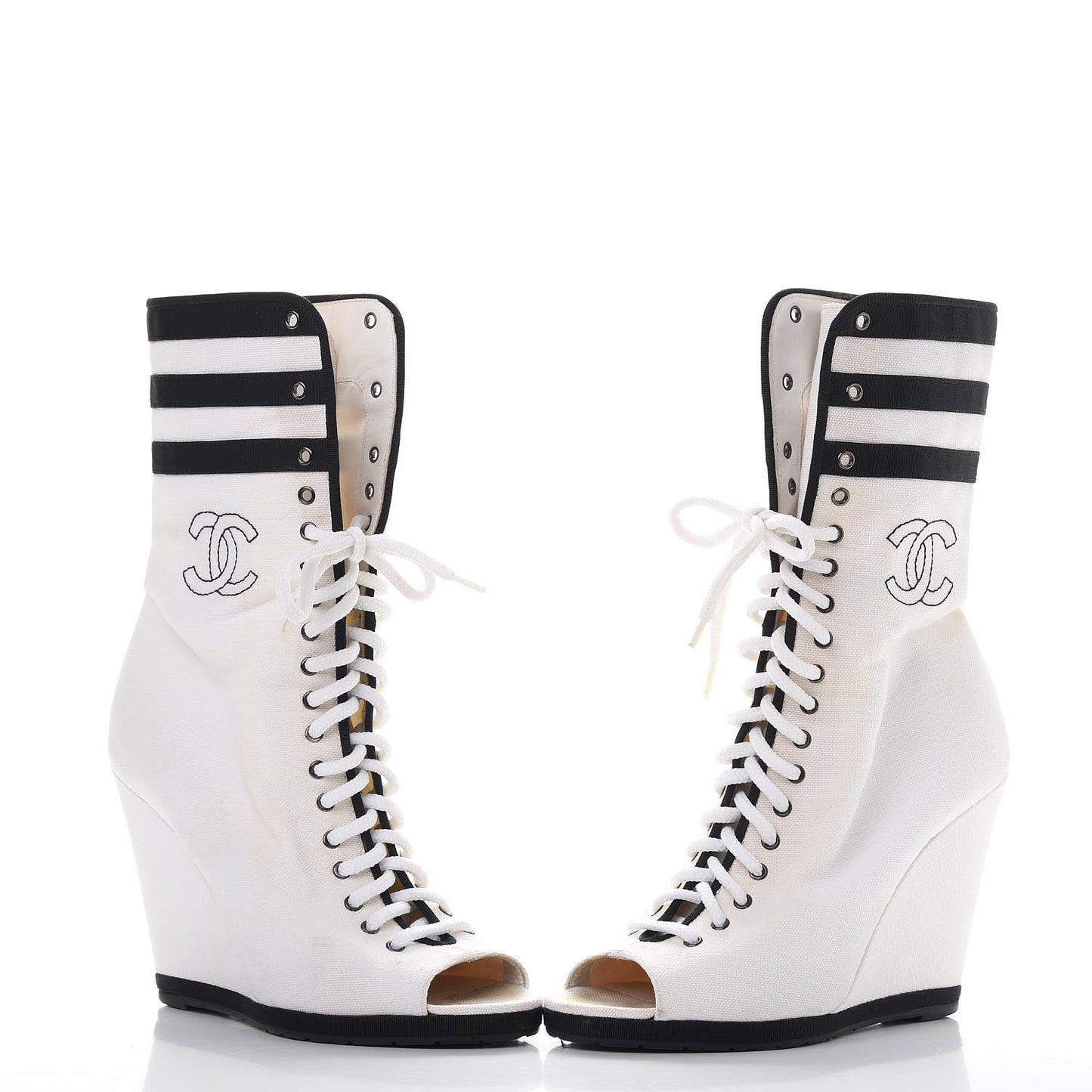 Canvas Lace Up Wedge Boots 37.5 White Black