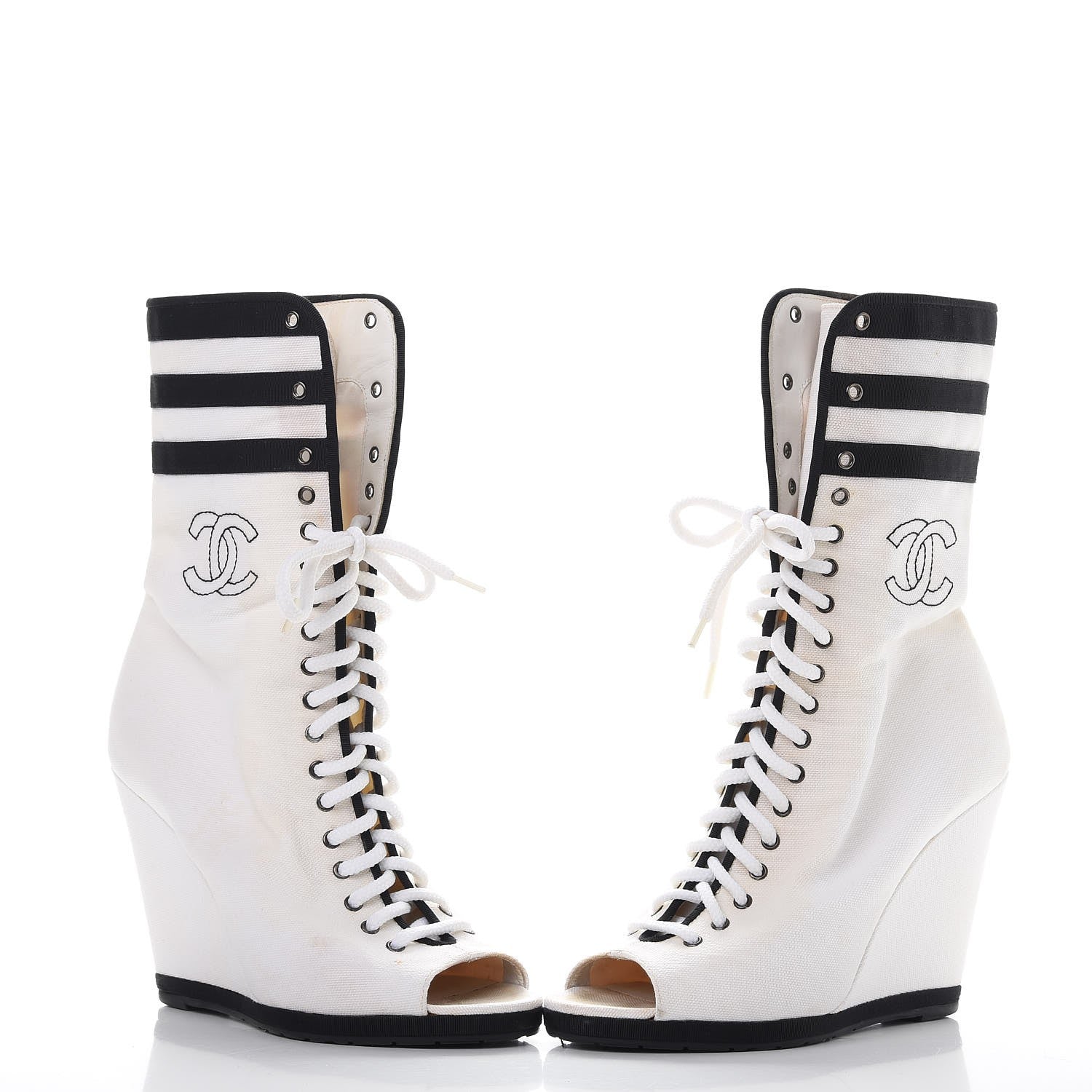 Chanel Canvas Lace Up Wedge Boots 37.5 White Black 6 of 18
