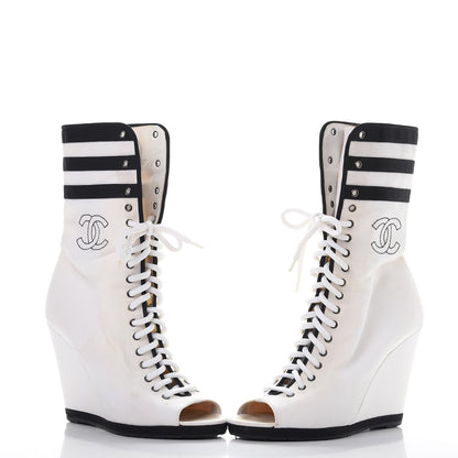 Chanel Canvas Lace Up Wedge Boots 37.5 White Black 6 of 18