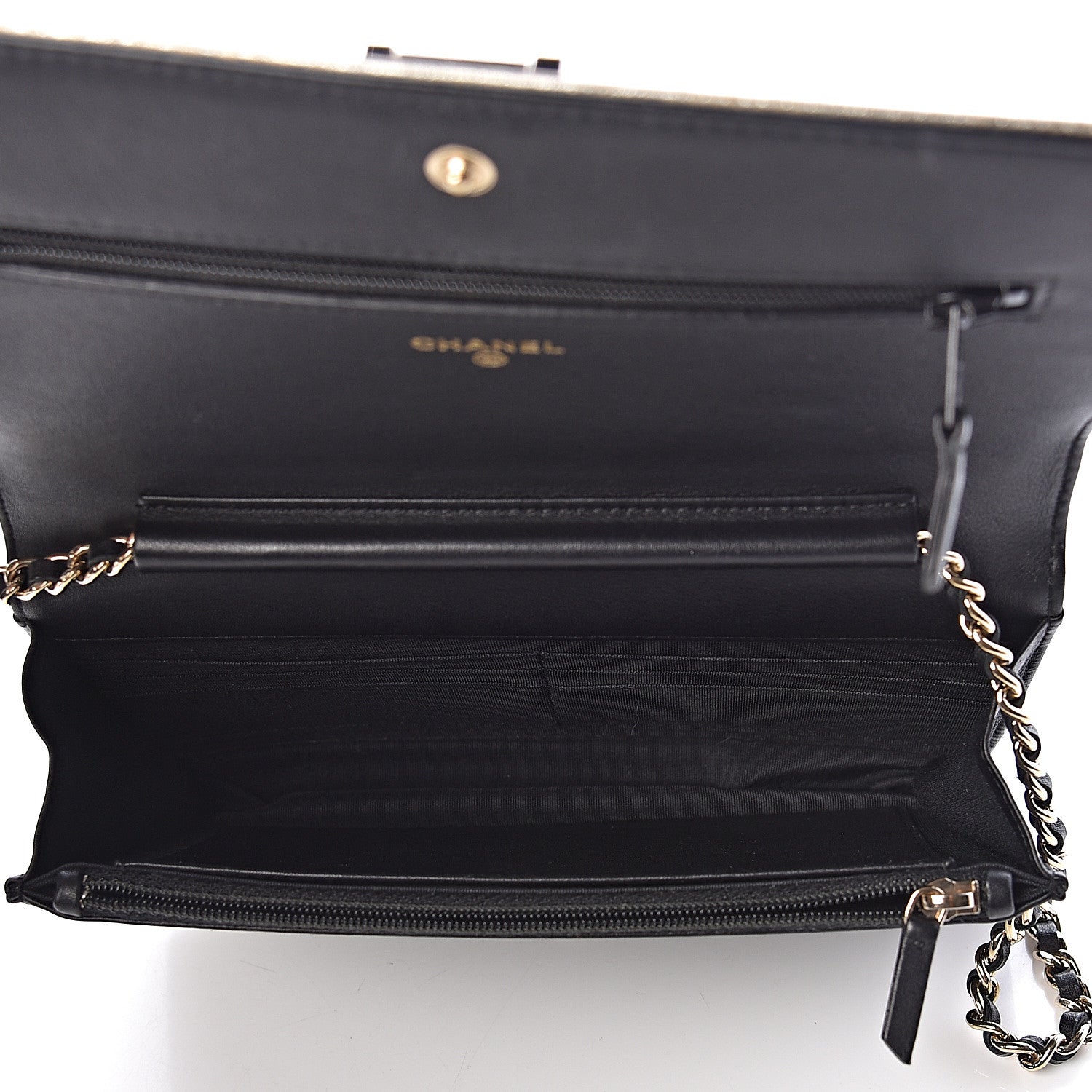 Chanel Metallic Goatskin Lambskin Boy Wallet on Chain WOC Black Gold 5 of 11