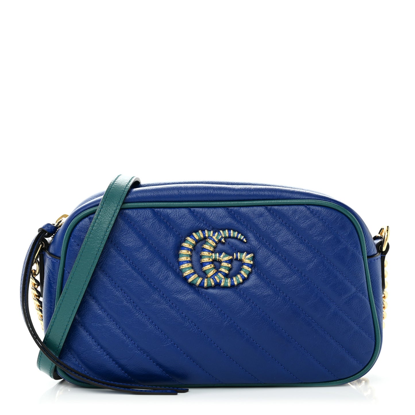Azalea Calfskin Enamel Matelasse Diagonal Small Torchon GG Marmont Chain Shoulder Bag Imperial Blue Pavone