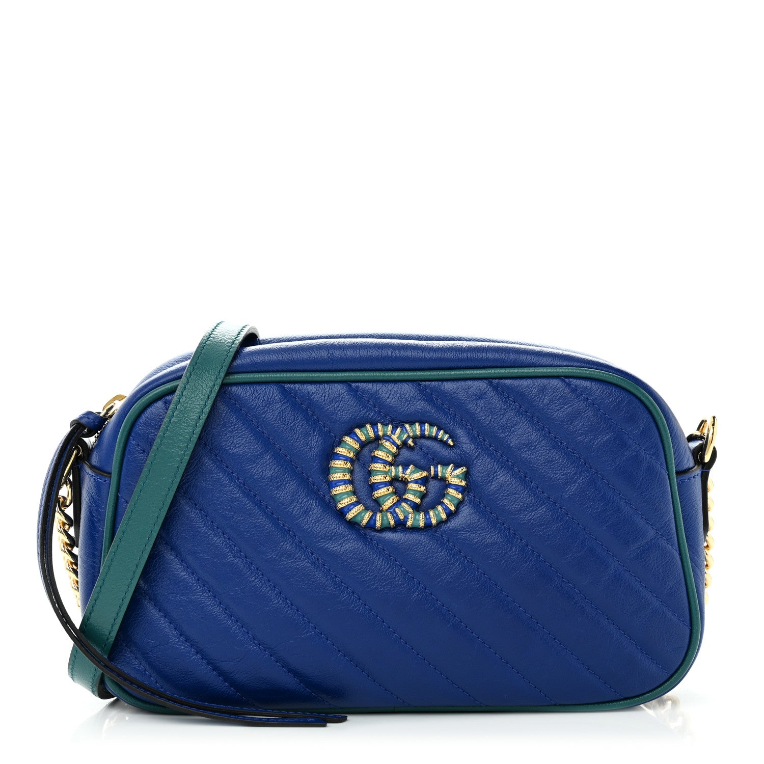 Gucci Azalea Calfskin Enamel Matelasse Diagonal Small Torchon GG Marmont Chain Shoulder Bag Imperial Blue Pavone 1 of 11