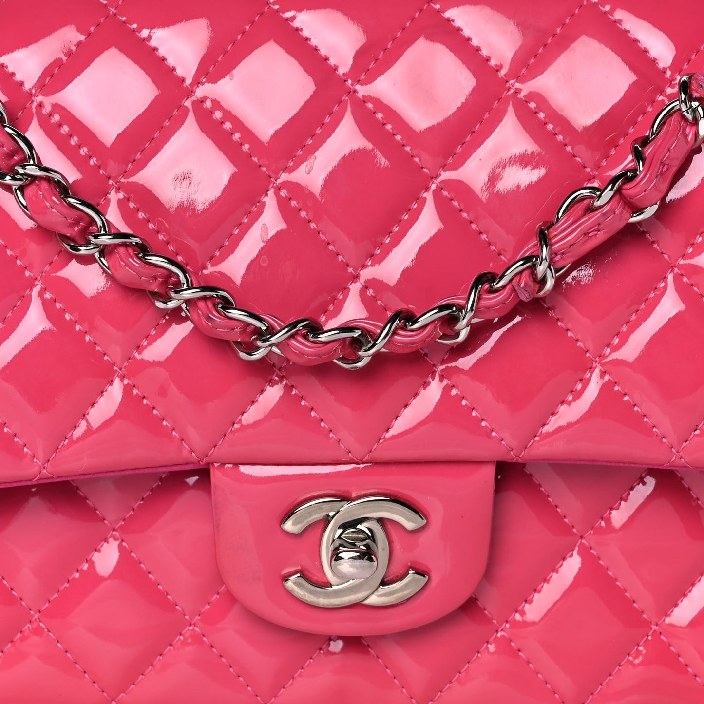 Patent Quilted Medium Double Flap Fuchsia