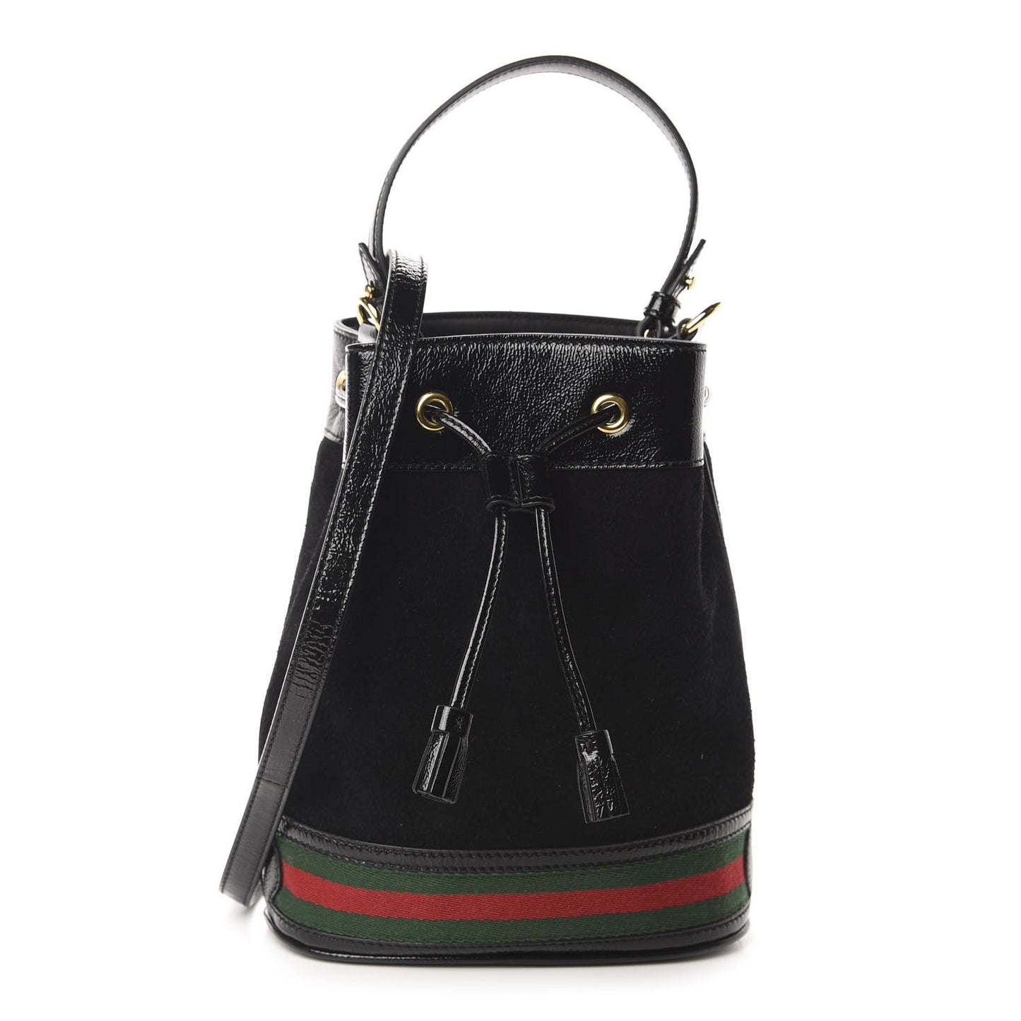 Suede Patent Web Small Ophidia Bucket Bag Black