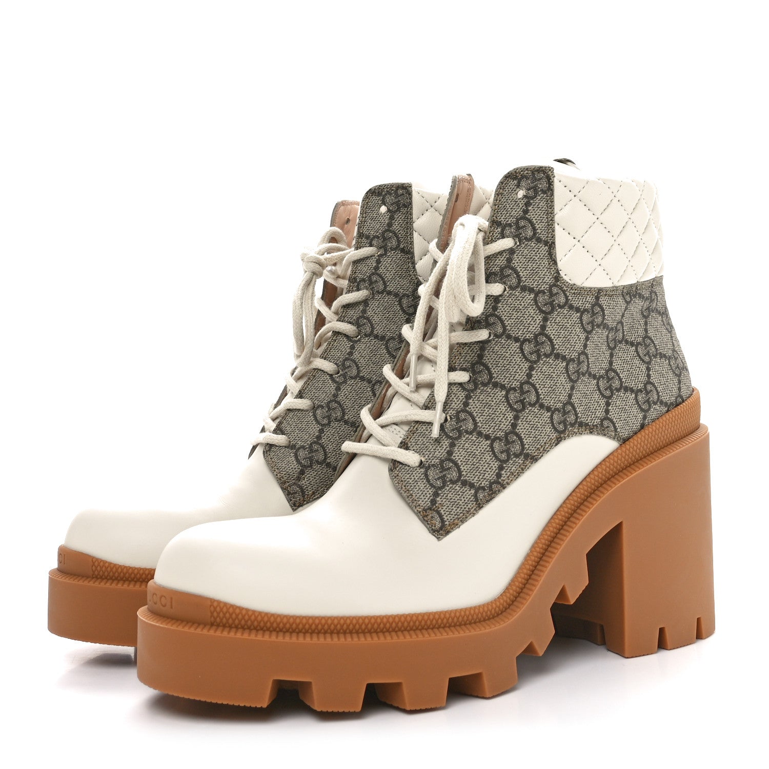 Gucci Calfskin GG Supreme Monogram Nappa Quilted Lace Up Ankle Boots 41 Mystic White Beige 4 of 9