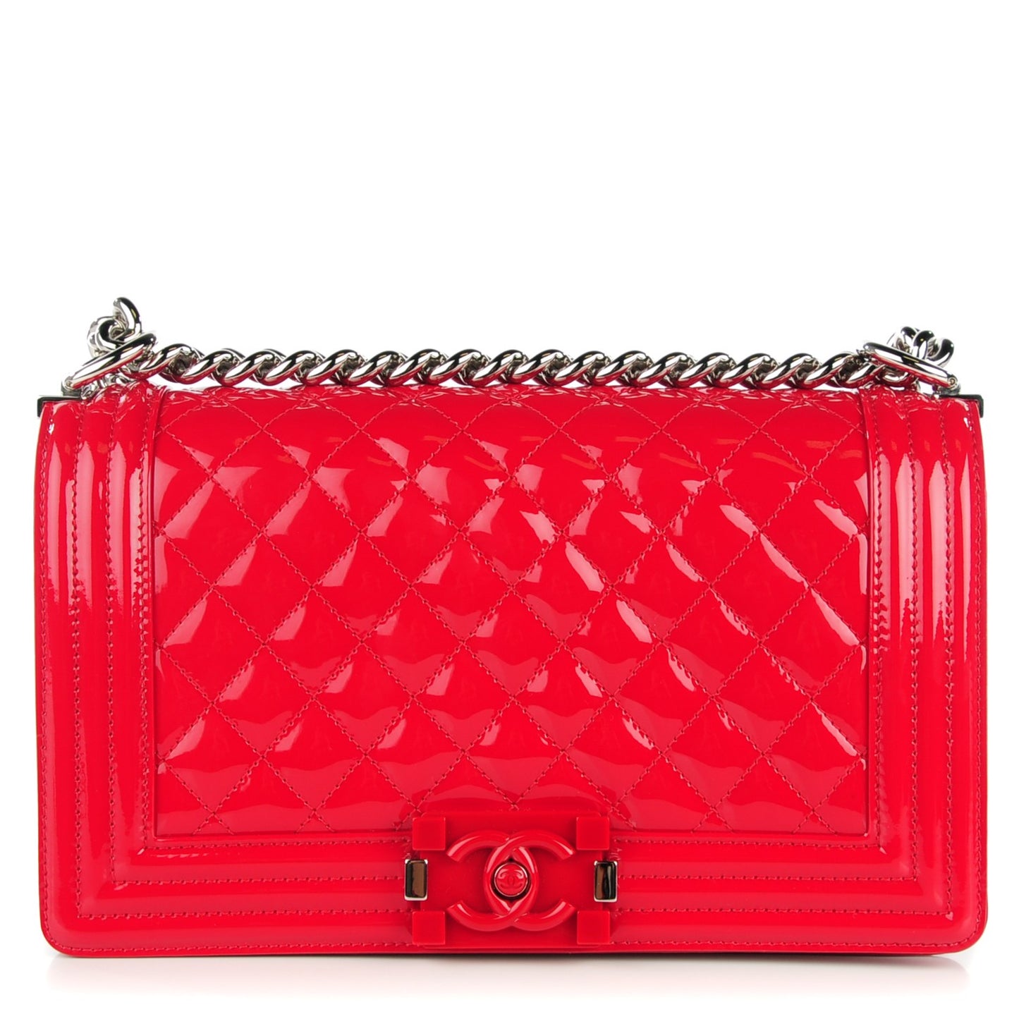 Patent Calfskin Quilted Medium Plexiglass Boy Flap Red