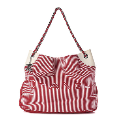 Chanel Striped Canvas Logo Tote Red 1 of 11