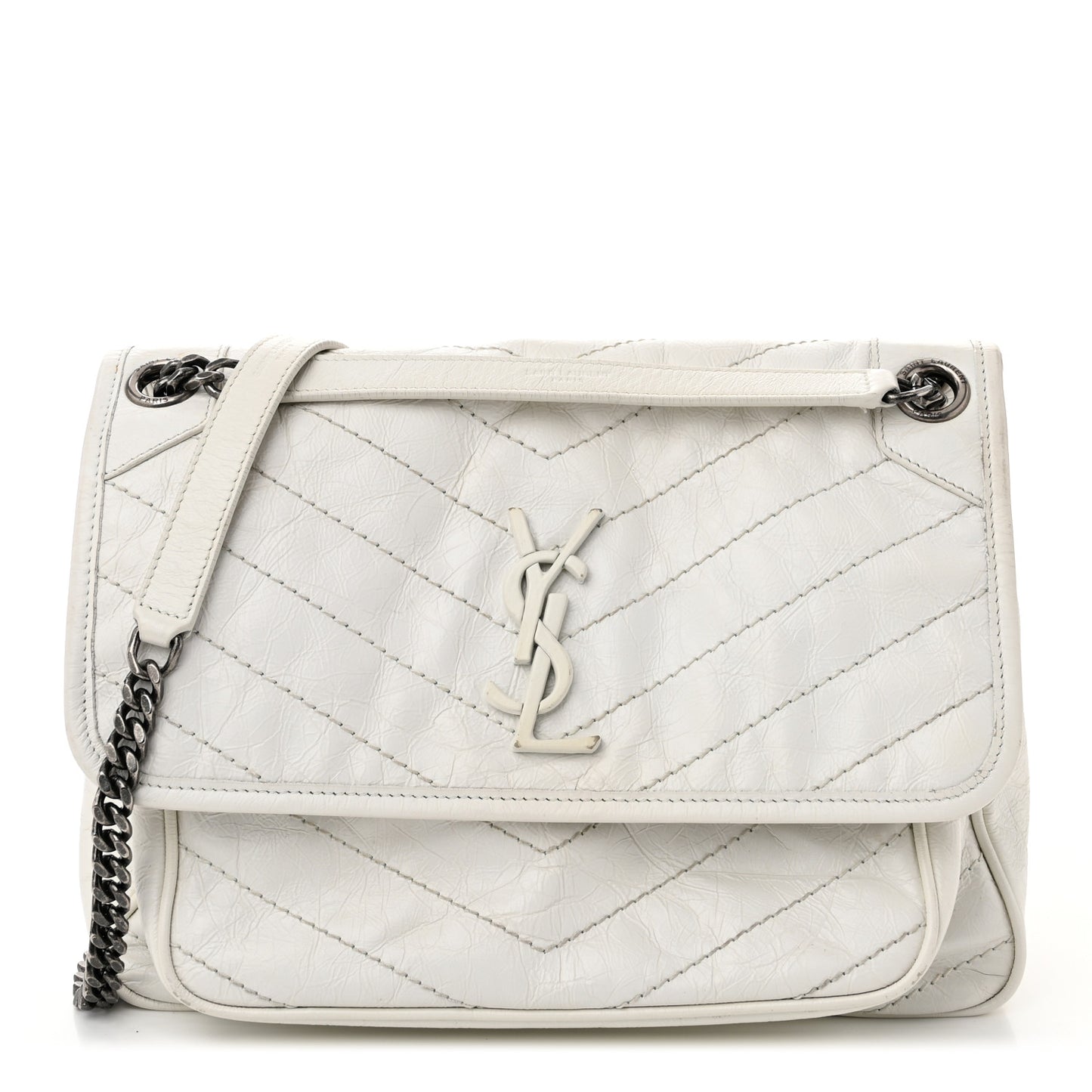Crinkled Calfskin Matelasse Monogram Medium Niki Chain Satchel Ivory