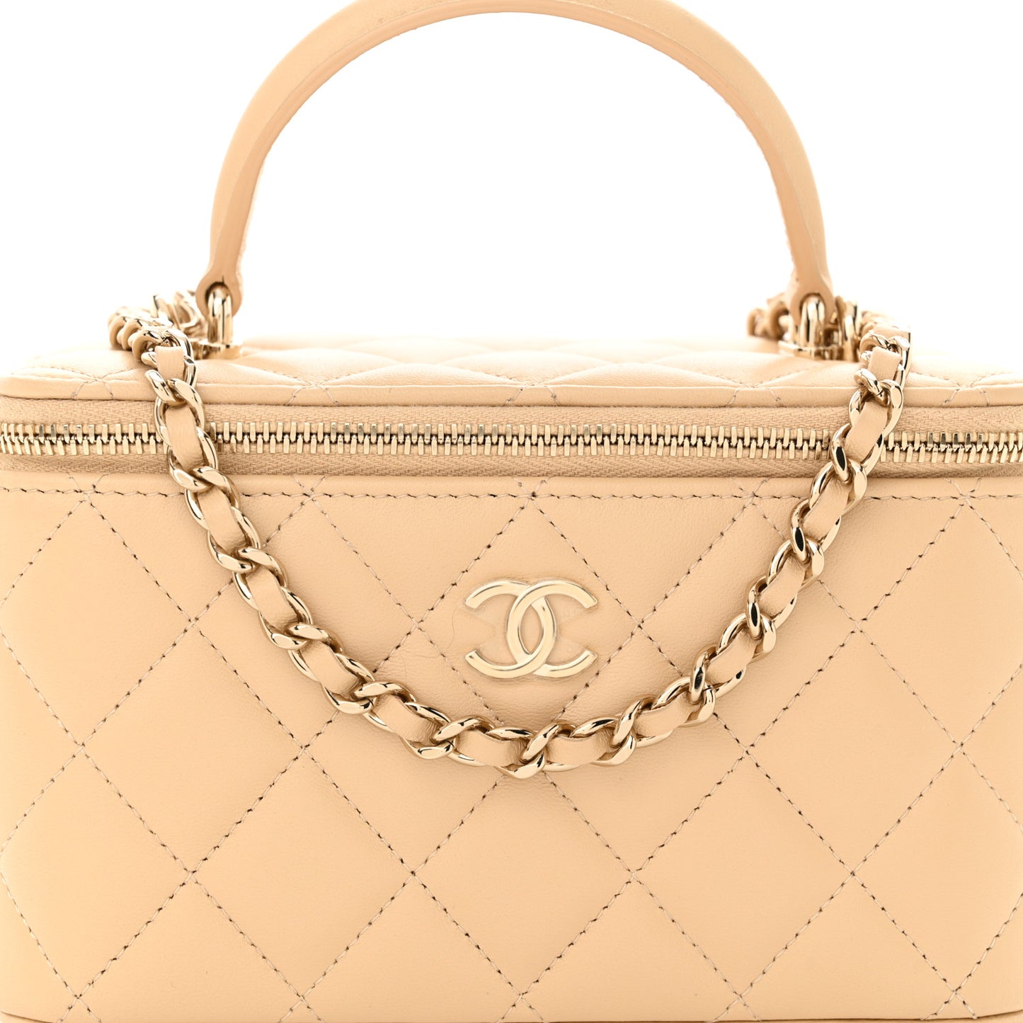 Lambskin Quilted Small Top Handle Vanity Case With Chain Beige