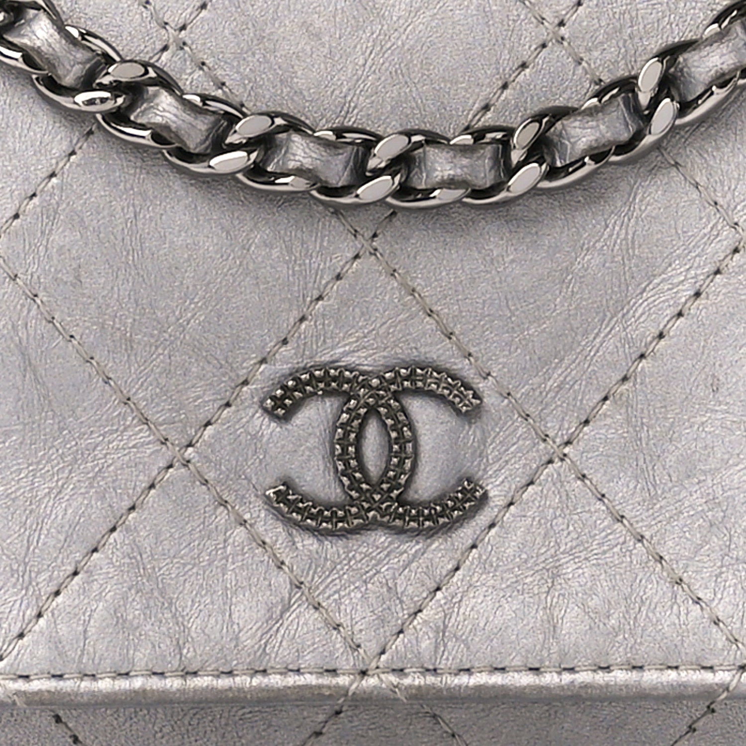 Chanel Metallic Aged Calfskin Quilted Wallet on Chain WOC Silver 9 of 11