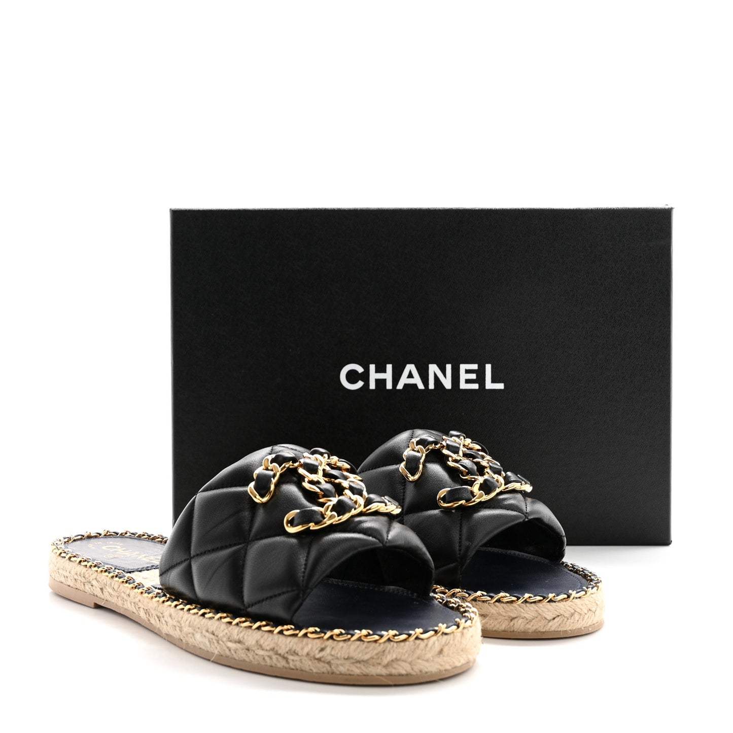 Lambskin Quilted CC Chain Espadrille Mules 39 Black Navy