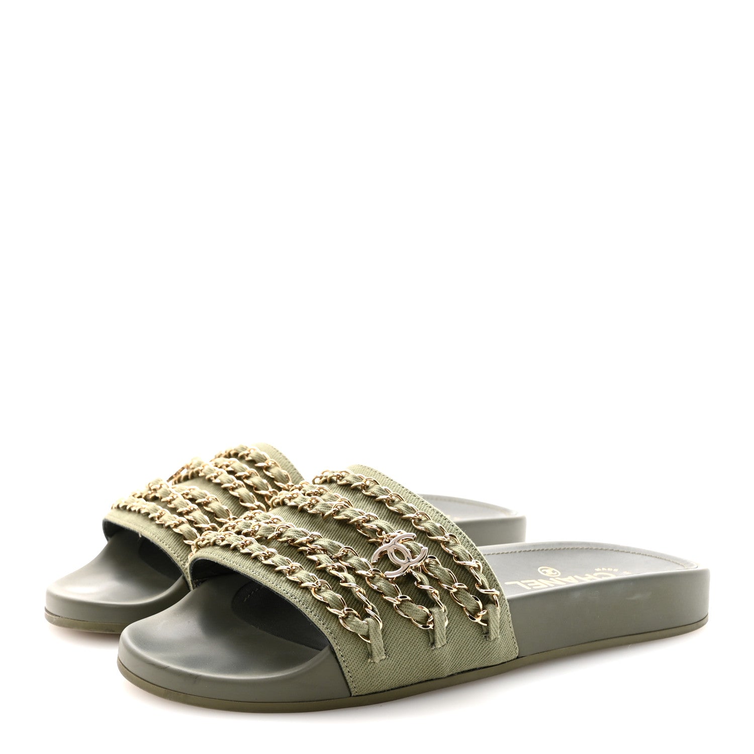 Chanel Canvas Chain Flat Sandals 39 Khaki 4 of 10
